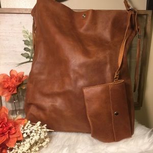 Tan leather shoulder bag with purse